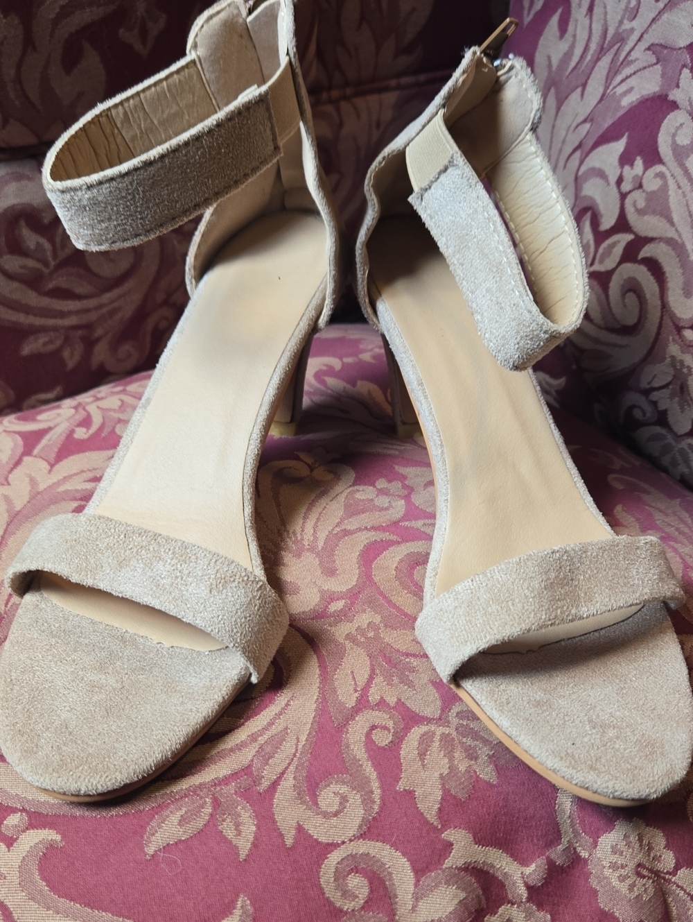 Women's Suede Ankle-Strap Sandals in Beige Suede